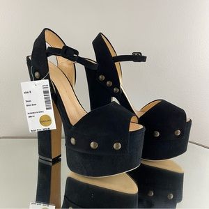 GIUSEPPE ZANOTTI Black Suede Brass Stud Betty Alien Platform Peep Toe Heels